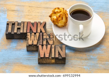 think win-win - word abstract in vintage letterpress wood type blocks against grunge wooden background with a cup of coffee