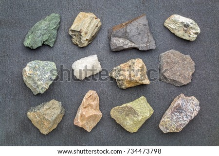 metamorphic rock geology set, from top left: chlorite schist, garnet schist, graphite schist, mica schist, serpentinite, marble, gneiss, slate, amphibolite, dolomitic marble, epidosite, quartzite