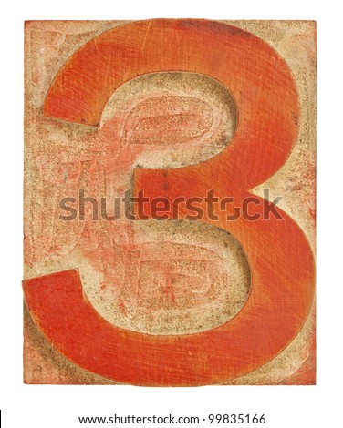 number three - isolated letterpress printing block stained by red ink