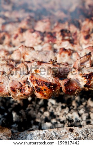 shish kebab on fire outside