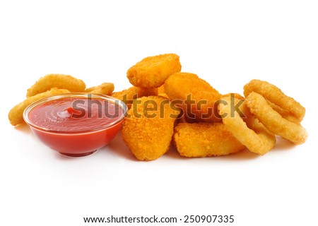 Nuggets, onion rings, ketchup isolated on white background
