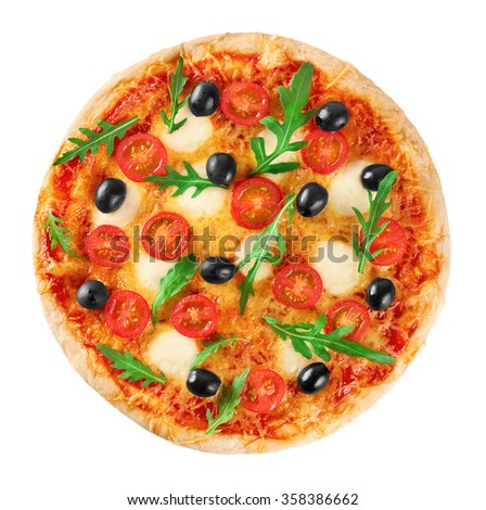Pizza with mozzarella and arugula. Vegetarian pizza. Macro.
