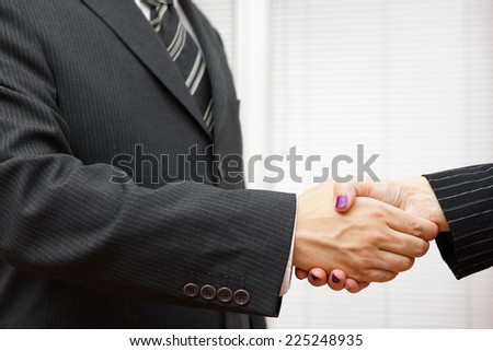 Handshake of business partners, man and woman in the office