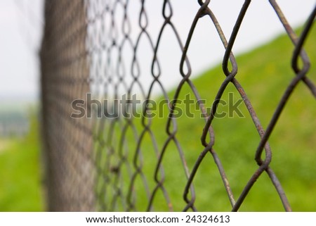 Metallic fence on a background of green grass