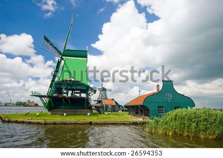 Windmill in Holland open-air museum windy mills in Zaanse Schans