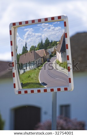 Photo of the traffic glass mirror and the road