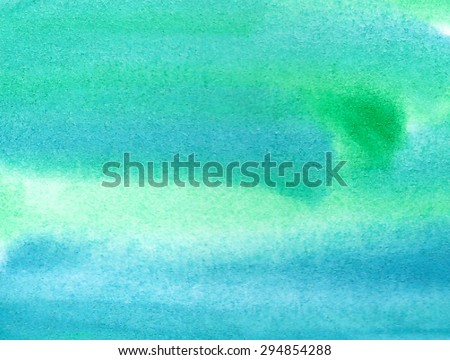 Green blue watercolor hand drawn paper striped texture. Wet brush painted smudges and strokes abstract background. Artistic macro illustration. Design element for banner, template, print, wallpaper