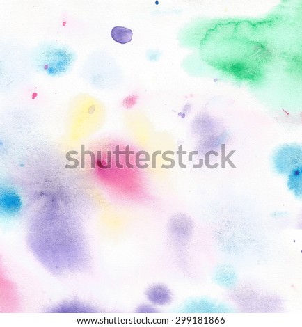 Watercolor colorful hand drawn paper texture spots drops on white background. Pastel abstract design artistic element for card, banner, cover, template, illustration, print. Wet brush painted poster
