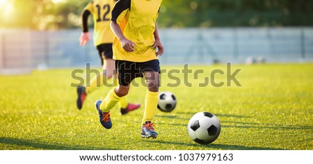 Football Training on the Pitch. Boys on Soccer Training Session. Kids Footballers Running the Ball. Soccer Grass Pitch on a Sunny Day. Football Stadium Background