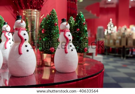 Happy snowmen and christmas tree decorations on display