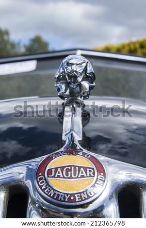 LA NUCIA, SPAIN - 7 april 2012. Hood ornament car of a Jaguar, exhibition of antique cars in La Nucia, Spain