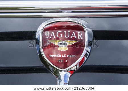 LA NUCIA, SPAIN - 7 april 2012. Hood ornament car of a Jaguar, exhibition of antique cars in La Nucia, Spain