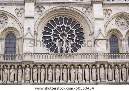 Facade of NOtre Dame de Paris showing 28 Kings of Judah and exterior of Rose window