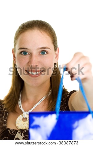 Young smiling woman give present in the blue package