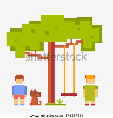 pixel people girl and boy with a dog on the street near a tree with a swing