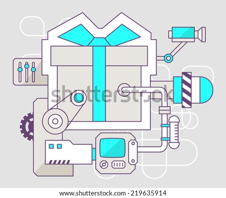Vector industrial illustration of the mechanism of gift box with bow. Color line art and flat design for banner, print, poster, sticker, advertising