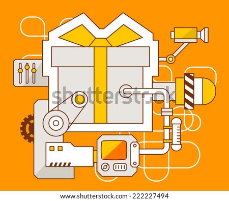 Vector industrial illustration of the mechanism of gift box with bow. Yellow color line art and flat design for banner, print, poster, sticker, advertising