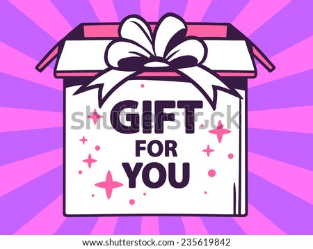 Vector illustration of open box with icon of  gift for you on purple pattern background. Line art design for web, site, advertising, banner, poster, board and print.