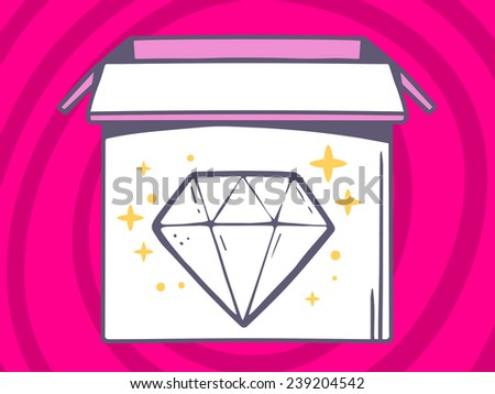 Vector illustration of open box with icon of  diamond on pink pattern background. Line art design for web, site, advertising, banner, poster, board and print.