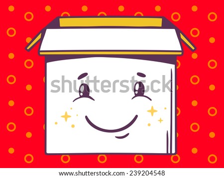 Vector illustration of open box with icon of  smile on red pattern background. Line art design for web, site, advertising, banner, poster, board and print.
