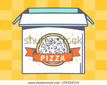 Vector illustration of open box with icon of  pizza on yellow pattern background. Line art design for web, site, advertising, banner, poster, board and print.