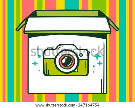 Vector illustration of open box with icon of  photo camera on color striped pattern background. Line art design for web, site, advertising, banner, poster, board and print.