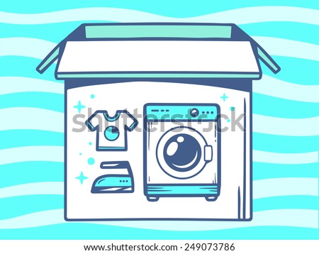 Vector illustration of open box with icon of  washing machine on blue pattern background. Line art design for web, site, advertising, banner, poster, board and print.