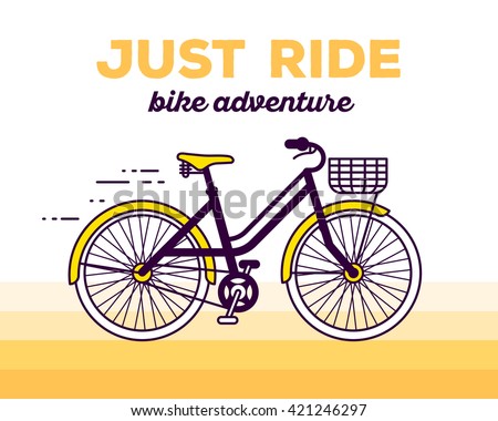 Vector illustration of moving fast bicycle with basket and text just ride on yellow gradient background. Bike adventure concept. Thin line art flat design of female bicycle, riding on bicycle, cycling