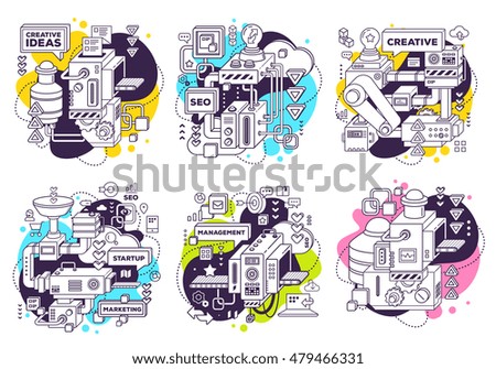 Vector set of illustration of three dimensional black and white mechanism to develop product on white with color background. 3d line art style design for business web, site, banner, poster, print