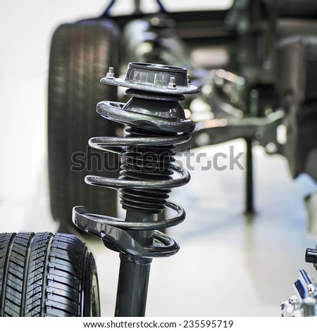 Close Up of Car Shock Absorber and Spring.