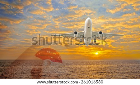 Double Exposure photo Women face stacking Plane flying in sunset sky.