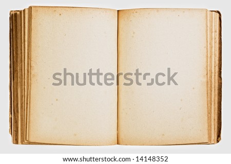 Open vintage book isolated on white background.