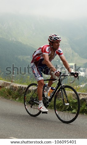 BEOST,FRANCE-JUL 15:The cyclist Vladimir Gusev (Katusha team),climbing the mountain pass Aubisque, in the 13 stage of \