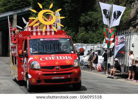 BEOST,FRANCE-JUL 15:Car of Cofidis (French money landing company) during the passing of the publicity caravan on the mountain pass Aubisque in the 13 stage of the \