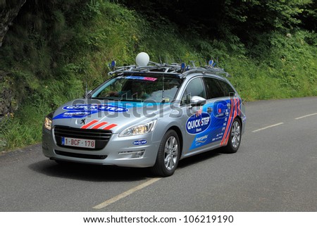 BEOST,FRANCE-JUL 15:Official car of the Quick Step cycling team on the category H climbing route to mountain pass Abisque in the 13 stage of the \