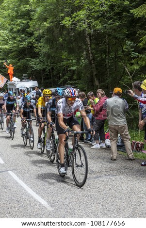 APREMONT,FRANCE,JUL 13: The cycling team Sky Procycling climbing the last kilometer of the road to mountain pass Granier during the  stage 12 of Le Tour de France on July 13 2012.