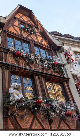 STRASBOURG, FRANCE- DEC 28: Traditional house beautifully decorated during the winter illumination on December 28 2011 in Strasbourg.In winter here is held a famous Christmas market and illumination.