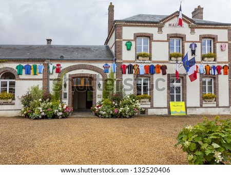 FONTENAY-SUR-EURE,FRANCE-JUL 20:The townhall decorated with cycling jerseys,one day before the passing of the peloton,during the 19th stage of Le Tour de France, on July 20,2012 in Fontenay-sur-Eure.