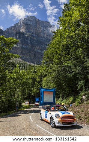 LA PALUD,FRANCE,JUL 13:Car of Ibis Budget Hotels during the passing of the Publicity Caravan on the road to mountain pass Granier in the 12 stage of the Le Tour de France on July 13 2012 in La Palud.