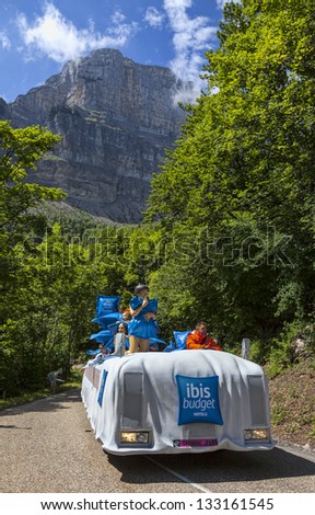 LA PALUD,FRANCE,JUL 13:Truck of Ibis Budget Hotels during the passing of the Publicity Caravan on the road to mountain pass Granier in the 12 stage of the Le Tour de France on July 13 2012 in La Palud