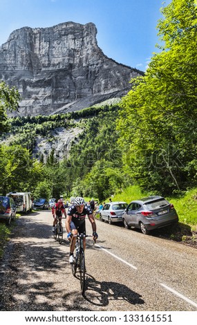 LA PALUD,FRANCE,JUL 13:Amateur cyclists climbing the road to mountain pass Granier in the Alps before the passing of the peloton in the 12 stage of the Le Tour de France on July 13 2012 in La Palud