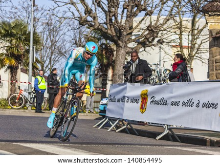 HOUILLES,FRANCE-MARCH 3:The Russian cyclist Egor Silin from Astana ProTeam , riding during the prologue of the cycling road race Paris- Nice 2013 in Houilles on March 3rd 2013.