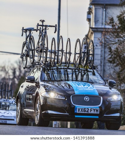 NEMOURS,FRANCE,MARCH 4: The technical car of Sky Procycling Team on the roadduring the first stage of the famous road bicycle race Paris-Nice, on March 4, 2013 in Nemours.