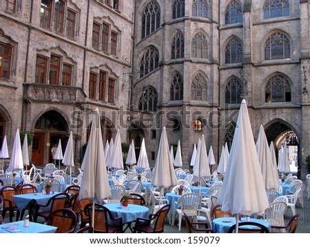 A terrace in the morning before the opening hours-location:Munich,Marieplatz