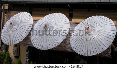 three white japanese umbrellas situated at the entrance of a traditional coffee bar in kyoto,japan.