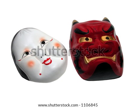 Two Japanese masks isolated over white background with clipping path