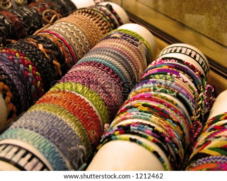 Textile and leather bracelets,\