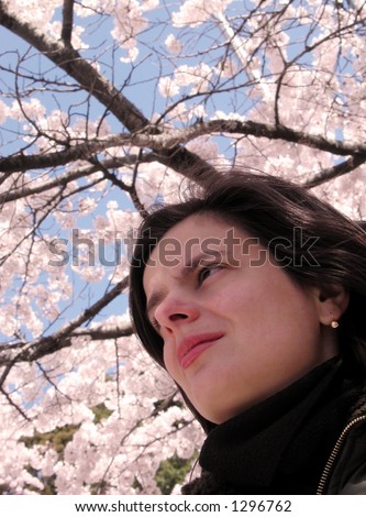 Portrait of a woman with cherry blossom twigs in background