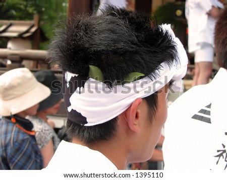 Close up of a Japanese man head during the biggest Japanese street festival-Gion Matsuri