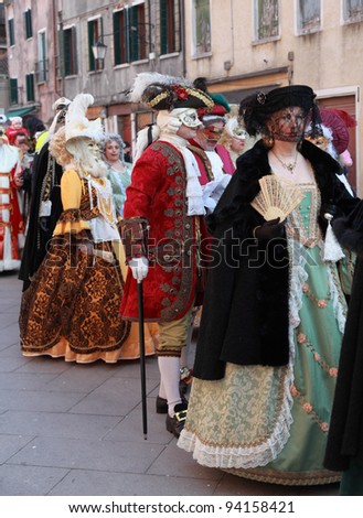 VENICE, ITALY-FEBRUARY 26: Unidentified disguised people at Sestiere Castello participate in the Carnival of Venice on February 26, 2011. In 2012 the Carnival will be between February 11-21.